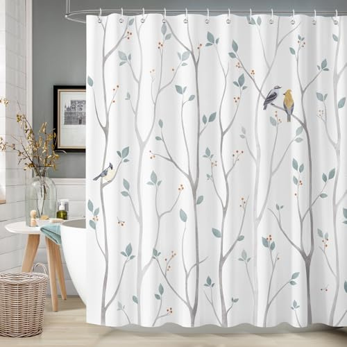 Dazzlewall Winter Forest Shower Curtain Blue Grey Tree Leaves Birds Bathroom Curtain 180 x 180 cm, Waterproof Mildew and Mould Resistant Fabric with 12 Hooks