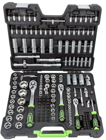 Charging Racer Set Professionale di Utensili, 179 Pezzi con Bussole Esagonali 1/4, 3/8 e 1/2, Finitura Zincata, con Chiave Dinamometrica 5-25NM, Valigetta Nera e Verde