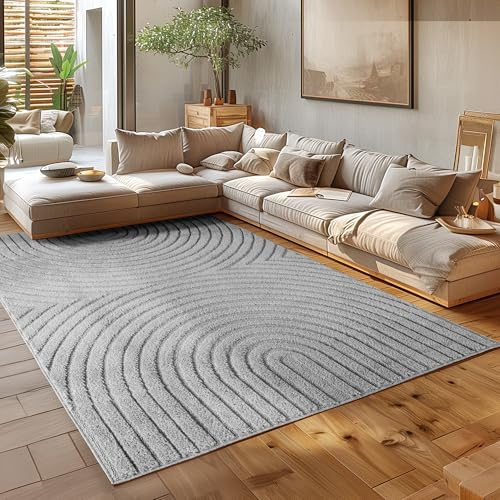 HomebyHome Wohnzimmer Teppich 120x170 cm Grau Hochflor Skandi Boho Design Hoch-Tief Effekt Weicher Shaggy Langflor Flauschig Robust Pflegeleicht Modern für Schlafzimmer