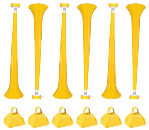 PATIKIL 6Pcs Cow Bells for Football Games, 3 Inch Cowbells for Sporting Events Bulk Loud Noise Makers Metal Cow Bell with 6Pcs Collapsible Stadium Horn for Cheering Graduation, Yellow