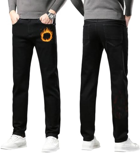 Oanviso Hombre Jeans con Forro Polar Invierno Termico Denim Cómodo Chino Pantalones de Traje Vaqueros Holgados Jean Casuales Elasticos Pantalón B Negro XL