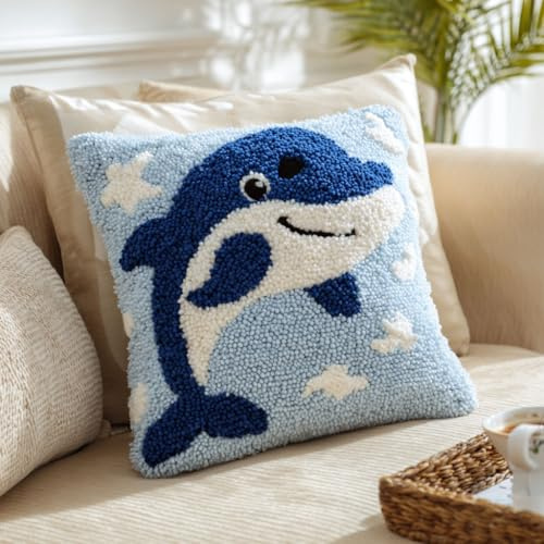 Henypt Knüpfkissen Set, Delfin Knüpfkissen Set für Anfänger zum Selber Knüpfen,Knüpfset Kissen DIY Knüpfteppich Knüpfpackung,43x43cm