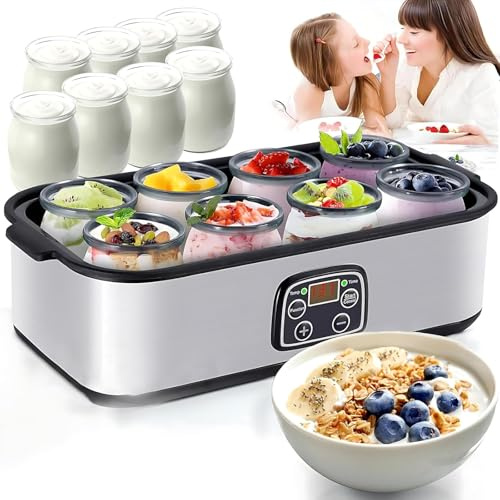 Yogurtiera 1400ml, Yogurtiera Automatica con Display LCD, Temperatura & Timer Regolabili, Macchina per Yogurt Probiotico con 8 Vasetti in Vetro per Uso Domestico