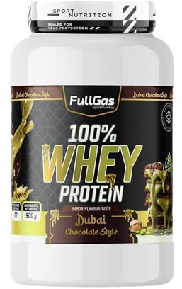 FullGas Concentrado de Proteína de Suero | Sabor Dubai Chocolate | 900g | 100% Whey Protein Concentrate | Incluye Dosificador | Vegetariano y Sin Gluten