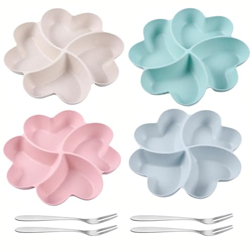 4 PCS Snack Tray 4 Compartment Serving Platter with 4 Stainless Steel Fruit Forks, Reusable Plastic Snack Trays for Party Restaurant Family Gathering, Appetizer Dessert Nuts Snacks (4 Colors)
