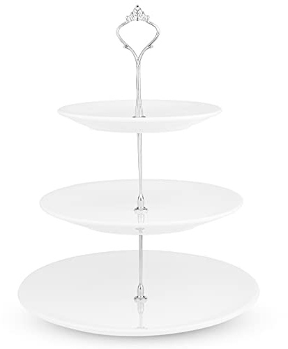 Nyxi 3 Tier Ceramic Cake Stand Afternoon Tea Porcelain Round Display with New Fittings (White Porcelain - Silver Handle)