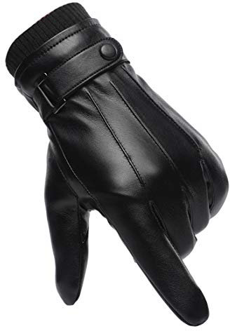 Winter Handschuhe Herren Faux Leder Warm Dick Vlies Winddicht Kälteschutz Thermal Fäustlinge Anti-Rutsch Berührungssensitiver Bildschirm für Outdoor Fahren Camping Damen Teenager