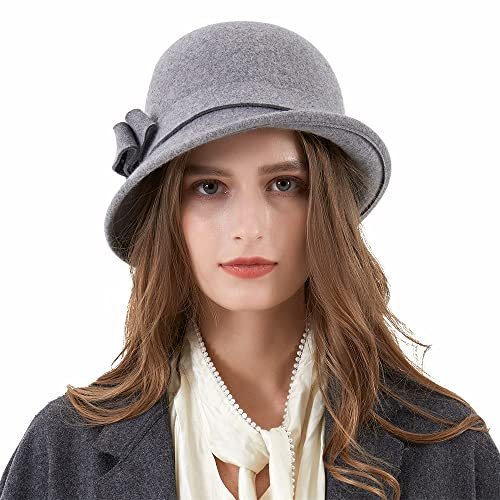 Ladies Wool Felt Bucket Hat Women Vintage Cloche Fedora Winter Church Bowler Hat with Bow Gray