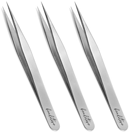 Beaditive High Precision Craft Tweezers 3 Pack - 4.7 Stainless Steel Needle Nose Set for Sewing, Beading & DIY Crafts - Non-Serrated Jewelry Tweezer with Fine Point Tips