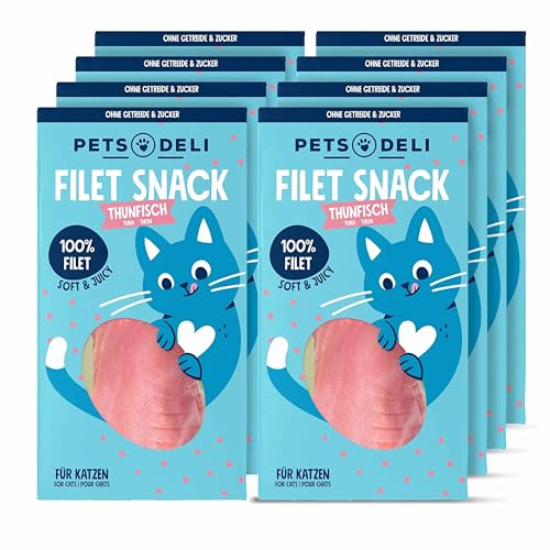 Pets Deli Filet Snack für Katzen mit Thunfisch & Grüntee-Extrakt, 12x25g | Naturbelassenes Thunfischfilet, extra saftig & zart, getreidefrei, ohne Zucker, Premium Qualität
