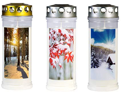 JEKA Gedenk-Kerze - Grabkerzen 3er Set mit Motiv Winter aus 100% Pflanzenöl, Brenndauer bis zu 7 Tagen