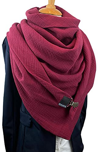 Handgemachter XXL Dreiecksschal Damen – Wendbarer Musselin Wickelschal Uni Bordeaux – Tuecherfee Schal mit Clipverschluss als Schal, Stola oder Schalkragen