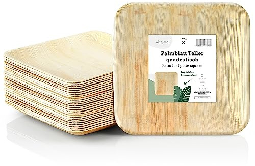 Wiseware Palmblatt Teller – 25 Stück Einwegteller quadratisch 24 x 24 cm – große biologisch abbaubare Palmblatt Teller – kompostierbares Partygeschirr – nachhaltiges Bio Einweggeschirr