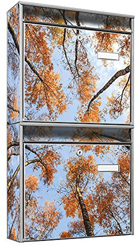 banjado Briefkastenanlage 2 Fach - 2 Briefkästen 36x64x10cm groß - Doppelbriefkasten Set - Namensschild, 2 Schlüssel, Montagematerial - Stahl verzinkt Silber - Motiv Wald Bäume