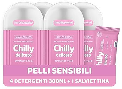 Chilly, Detergente Intimo Delicato, Detergente per l'Igiene Intima con Molecola Antiodore - Formula Delicata e Lenitiva - PH 5, Clinicamente Testato - Confezione da 4 Flaconi da 300 ml