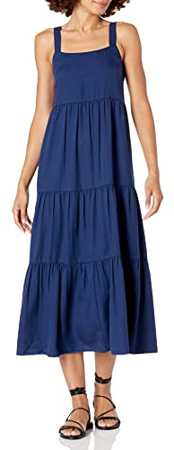 The Drop Britt Robe longue évasée à volants pour Femme, Bleu Marine, S
