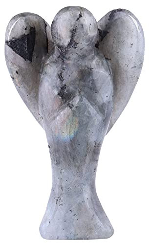 mookaitedecor 3 Zoll Labradorit Stein Schutzengel Figuren Skulptur, Hand geschnitzt Engel Statue mit Herzflügeln für Schutz Gebet Büro Haus Decor