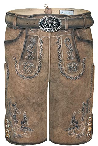 Schöneberger Traditionell couture läderbyxor för män, korta med kostymbälte, traditionella vintagekostymbyxor för Oktoberfest av högkvalitativt getläder, Leon, BRUN, 54