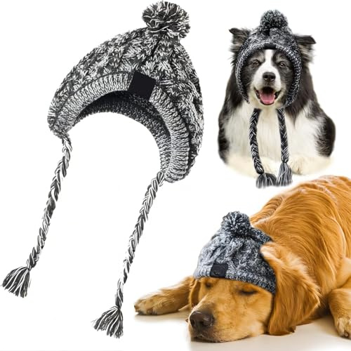 FainFun - Berretto per cani lavorato a maglia, caldo, antivento, antivento, per animali domestici, per l'inverno, a maglia, colore grigio, con treccia lunga, taglia L
