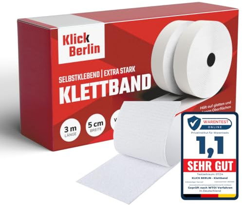 Klick Berlin Klettband Selbstklebend Extra Stark 5 cm x 3 m | Klett Klebeband klebt auf vielen Flächen | Klettverschluss | 50mm breit, 3 Meter lang | Weiß