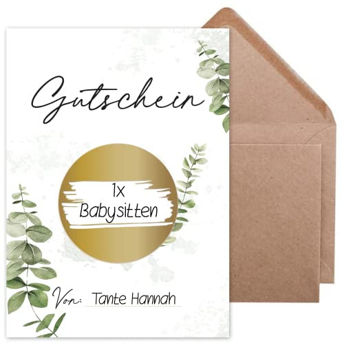 Olgs Rubbelkarte mit Umschlag zum selber beschriften in Gold | Gutschein Rubbellos Glückslos für eigenen Text | Geschenkidee zum Geburtstag Babyparty Hochzeit Taufe - Eucalyptus