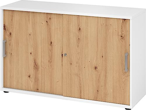 bümö Schiebetürenschrank 2OH - Aktenschrank abschließbar, Sideboard Schrank mit Schiebetüren in Weiß/Asteiche, Chromgriff - Büroschrank aus Holz mit Schiebetür, Büro Kommode für Ordner & Co.