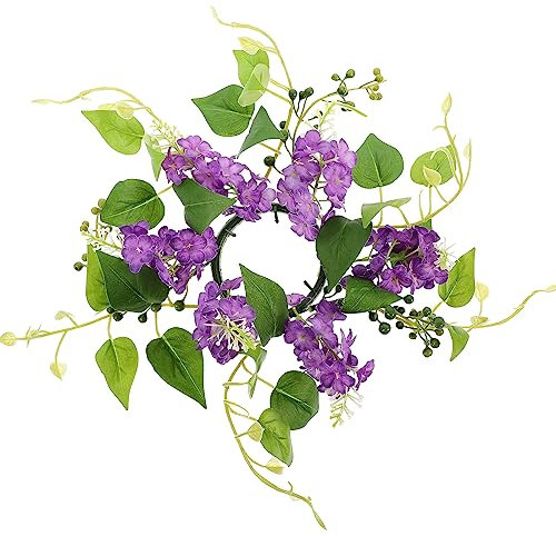 LUOZZY Candle Ring Wreath Artificial Hyacinth Flower Leaf Candle Ring for Wedding Birthday Table Party Decoration - Purple