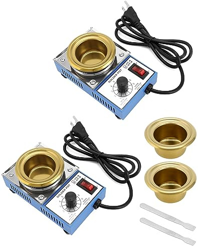 QWORK Solder Pot, 2 Pcs 150W 110V, 50mm Soldering Bath Titanium Plate, Capacity 500g 200-450°c,Include Extra 50mm pot& Solder Paste Scraper for Welding and Soldering Bath