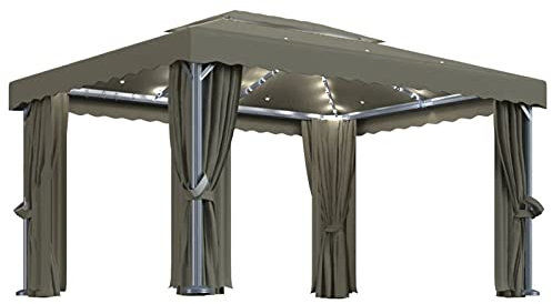 Homgoday Gazebo con Tende e Stringa di Luci LED 4x3 m Grigio Talpa, Gazebo da Giardino, Gazebo Ombrellone da Giardino Spiaggia Pesca Esterno Antivento per Arredo Giardino Terrazzo Ambienti