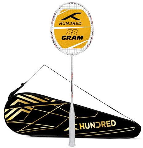HUNDRED Powertek 2000 PRO Badmintonschläger mit Vollhülle (Weiß, Größe: Standard, Griffgröße: G6) Aufgereiht Graphit Für fortgeschrittene Spieler Gewicht: 90 Gramm Maximale