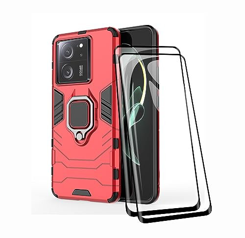 TEYYOS Funda + [2 Piezas] Protector de Pantalla para Xiaomi 13T/Xiaomi 13T Pro, TPU/PC Antigolpes Armor Protección Carcasa [360° Soporte] con 9H Dureza Vidrio Templado Protector, Rojo