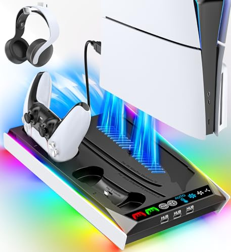 PS5/Slim/Pro Ständer für Disc & Digital, 3-stufiger Auto PS5 Lüfter und RGB LED mit PS5 Controller Ladestation für DualSense & Edge Controller, PS 5 Zubehörsets mit 3 Ladeanschlüssen Xbox Skins