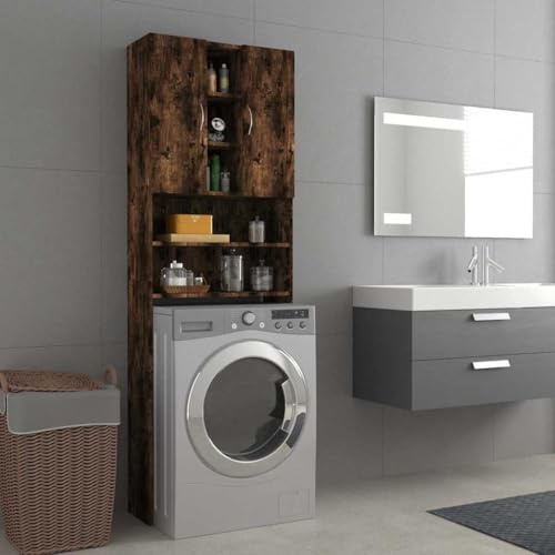 homiuse Waschmaschinenschrank Räuchereiche 64x25,5x190 cm Waschmaschinenüberbauschrank Badschrank Waschküche Möbel mit 2 Türen / 9 Fächern Platzsparendes Modisches Design Robust & Langlebig
