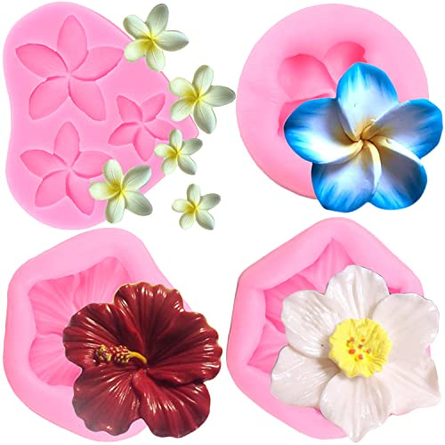 RFGHAC Lot de 4 moules en silicone en forme de fleur de frangipanier pour décoration de gâteaux, bonbons, chocolat, pâte à sucre