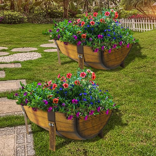 Aoutrow 15.43In 2 Pack Rustic Barrel Planters, Decorative Outdoor Garden Backyard Planter with Legs, Metal Flower Pot Half Barrel Planter Box, Brown