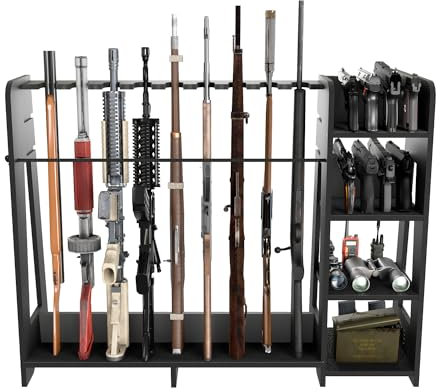 Promis - Soporte de almacenamiento para armas de fuego, soporte para escopeta de madera independiente con estantes ajustables en altura para 9 + 8 ranuras