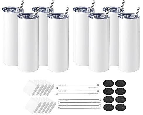 Booso Lot de 8 gobelets à sublimation en acier inoxydable, 20 onces, droits, étroits, avec papier de sublimation, couvercles et pailles pour machine à presser à tumbler
