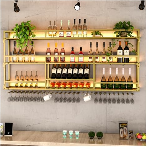 Weinregal Zur Wandmontage Mit LED-Licht,3 Etagen,Wein Regal Metall,Flaschenregal,Weinregale,Weinflaschenhalter,Für Esszimmer,Weinausstellung,Aufbewahrungsregal Für Zuhause,Bar,Küche,Schwarz/Gold ( Col