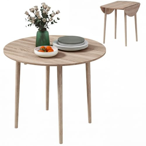 HOMCOM Folding Dining Table for 4 Round Drop Leaf Table, Modern, Natural | Space Saving, Small Kitchen Table, Wood Legs, for Dining Room
