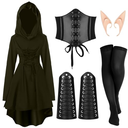 Jeyiour Renaissance-Feenkostüm-Set für Damen, mittelalterlich, mit Kapuze, Elfenohren, Zubehör für Halloween, Cosplay, Armeegrün, Größe S, 5-teilig