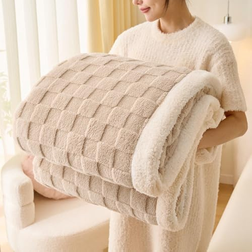 Gracelife Sherpa Blanket Throw Fleece Blanket Double, Soft Fluffy Fuzzy Warm Blanket Throws for Bed and Couch, Large Thick Blanket for All Season Use,Beige,200x230cm