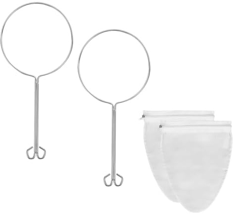 FONGKNOX 4PCS Organic Nut Milk Bags, Washable, Filter Cloth, Reusable Jam Sieve for Straining Berries, Juice, 2 Holders and 2 Cotton Sieve Bags with Zipper