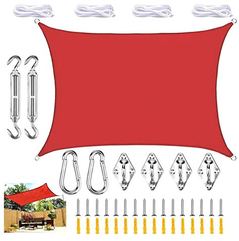 Vela Ombreggiante Rettangolare 4x6m Vela Ombreggiante PES Impermeabile, Tessuto For Ombrellone Con Protezione Solare E Raggi UV Con Occhielli A D E Corde For Patio Balcone Parasole a vela(Rouge,4x6m)