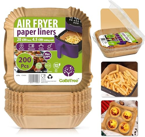 200 Stück Backpapier für Heißluftfritteuse, quadratisch 20-24,5 cm, backpapier für heißluftfritteuse. BPA-frei, antihaftend, Einweg-Backpapier für Airfryer. Für Cosori, Philips, Cecotec, 5,5L, 6