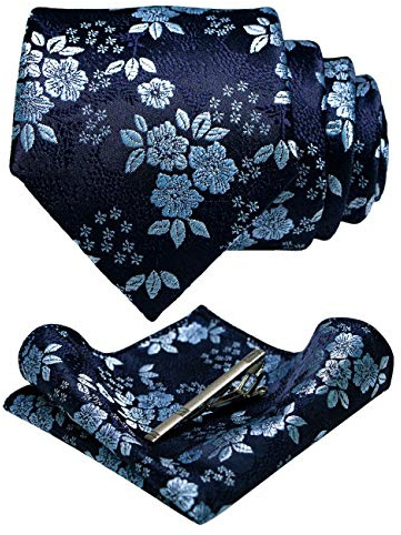 JEMYGINS Conjunto de Corbata con Flores y Pañuelo para Hombre con Pinza para Corbata Disponible Azul/Negro/Blanco