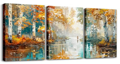 Homewish Wall Art On Canvas, Hand Painted Forest Lake Textured Paintings, 3 Pieces - Colorful Oil Paintings Wall Pictures - Modern Artwork, Framed Wall Art for Living Room, Bedroom, Office Home Decor
