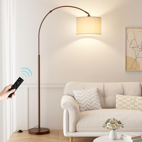 Ambimall Dimmable Arc Floor Lamp with Remote, Color Temperatures and Brightness Adjustable, Arched Floor Lamp with Rotating Head, Over Couch Arched Reading Light for Living Room (Deep Beige and Brown)