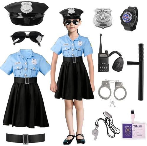 Moiuguli Polizei Kostüm Kinder Mädchen, Polizeikostüm mit Handschellen, Polizeimütze, Dienstmarke, Uhr, Polizeiausweis, Walkie-Talkie, Pfeife, Schlagstock, Sonnenbrille für Karneval Cosplay Party