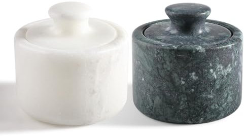 Koville Salero de mármol blanco y verde con tapa para decoración de mesa de cocina, elegante recipiente de condimentos hecho a mano para encimera, soporte de sal y pimienta y almacenamiento de granos