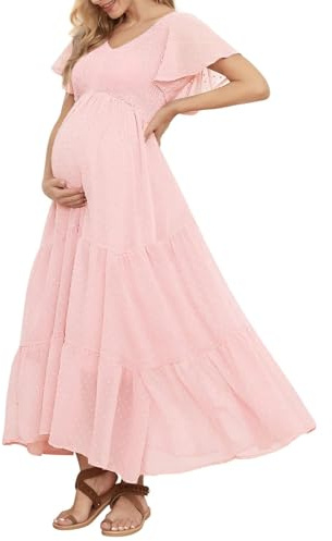Swiss Dot Smocked Maternity Dress for Baby Shower Photoshoot Casual V Neck Ruffle Sleeve Empire Waist Tiered Boho Dress